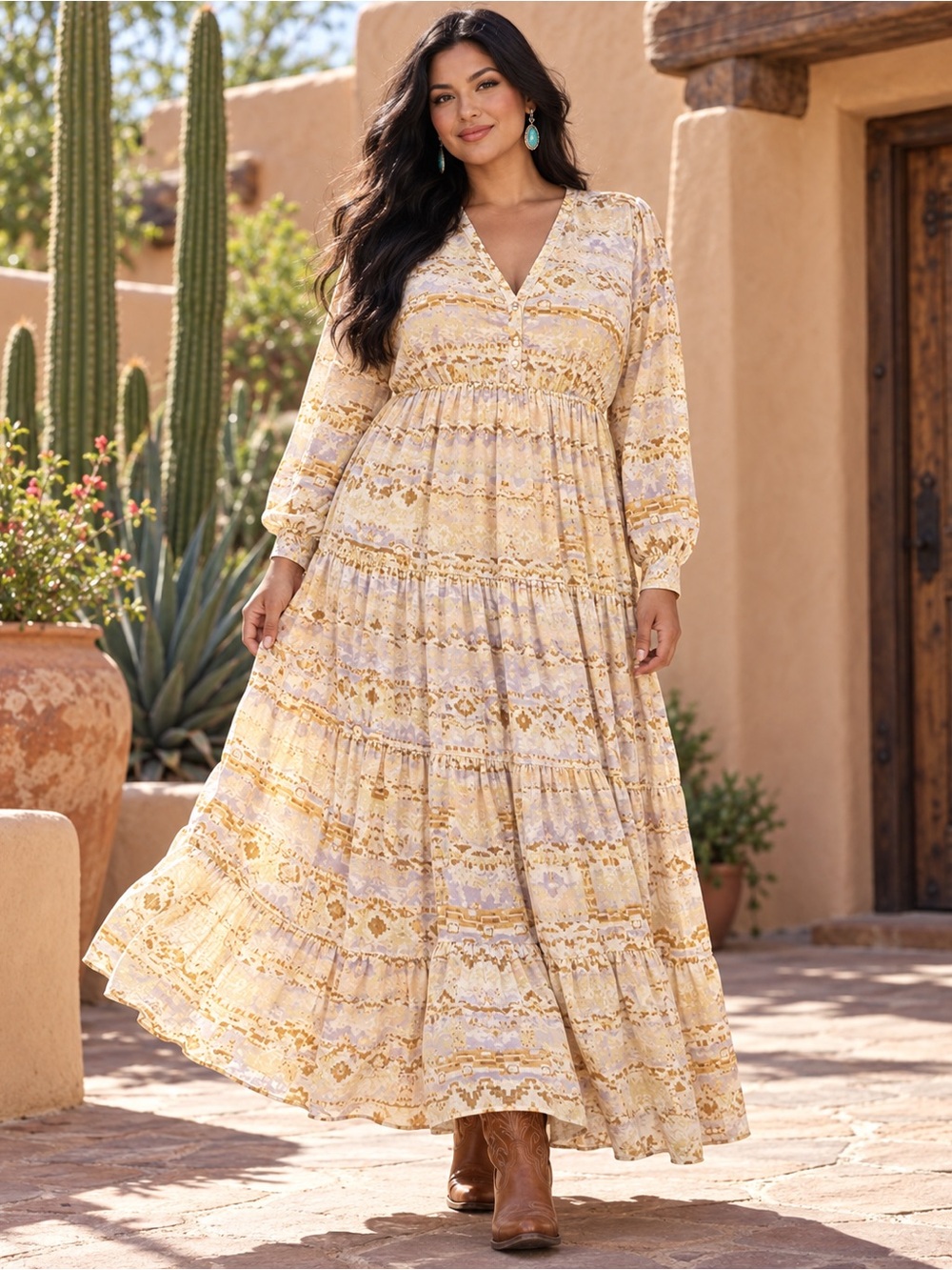 NWOT SHYANNE Ivory Watercolor Southwestern Boho Long Sleeve Tiered Maxi Dress